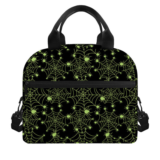 Black And Green Spider Web Pattern Print Insulated Lunch Bag