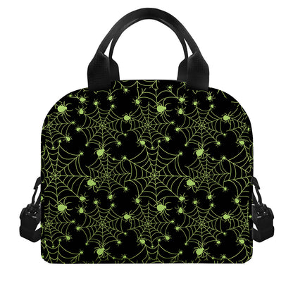 Black And Green Spider Web Pattern Print Insulated Lunch Bag