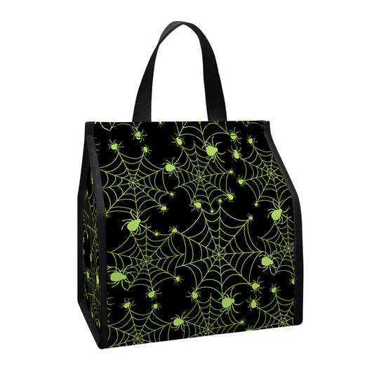 Black And Green Spider Web Pattern Print Insulated Lunch Tote