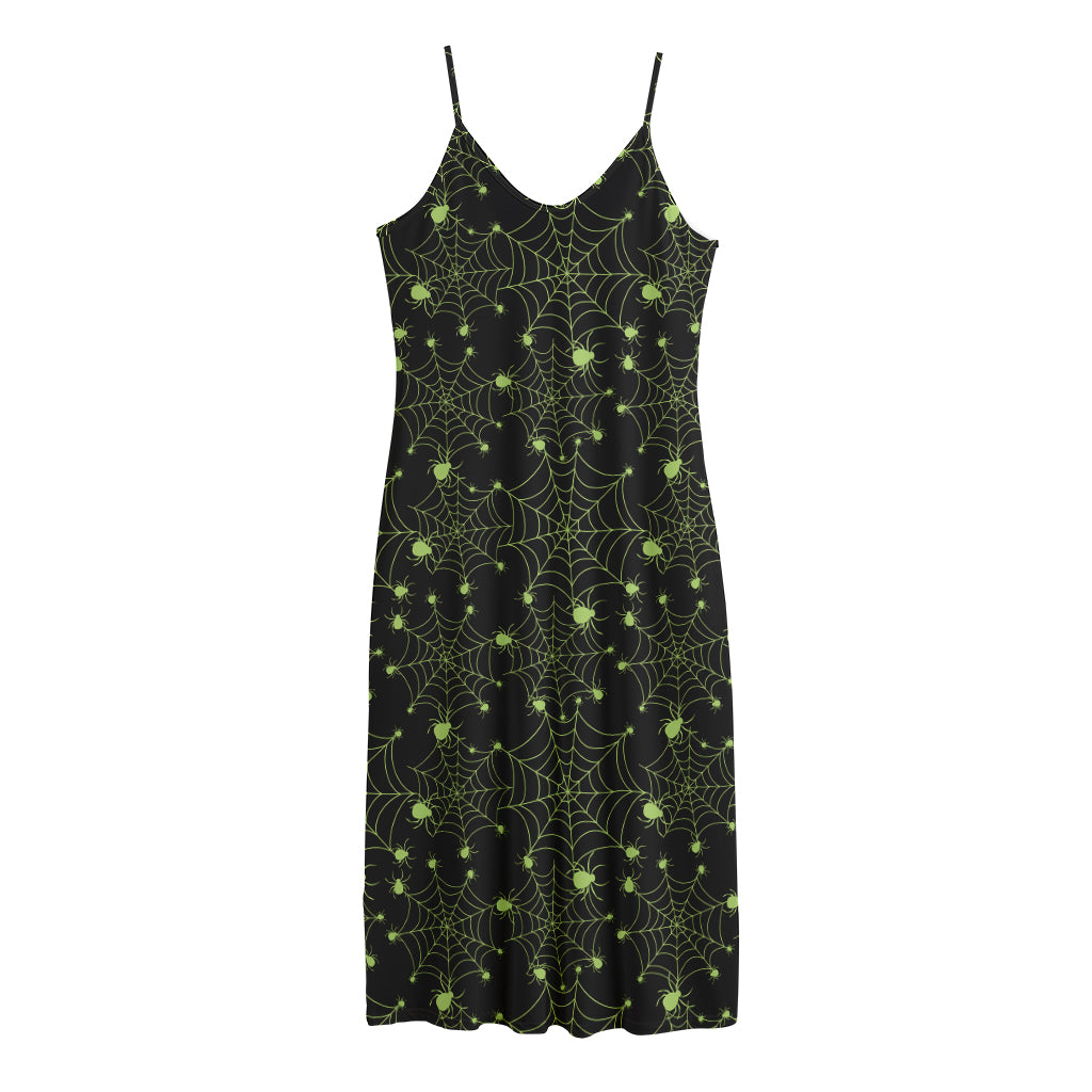 Black And Green Spider Web Pattern Print Jersey Midi Cami Dress