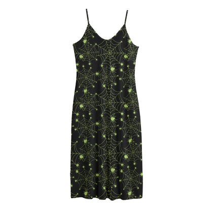 Black And Green Spider Web Pattern Print Jersey Midi Cami Dress