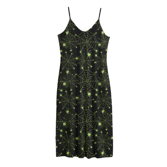 Black And Green Spider Web Pattern Print Jersey Midi Cami Dress