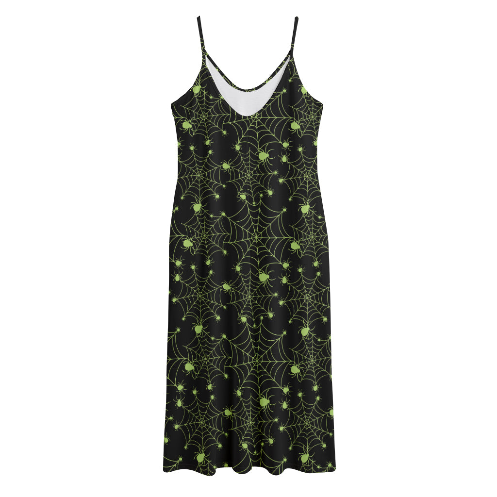 Black And Green Spider Web Pattern Print Jersey Midi Cami Dress