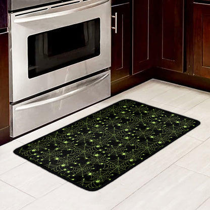 Black And Green Spider Web Pattern Print Kitchen Mat