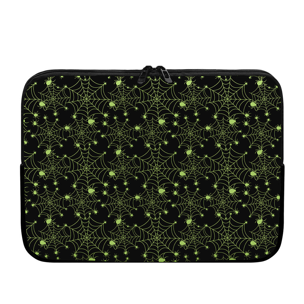 Black And Green Spider Web Pattern Print Laptop Sleeve