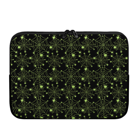 Black And Green Spider Web Pattern Print Laptop Sleeve