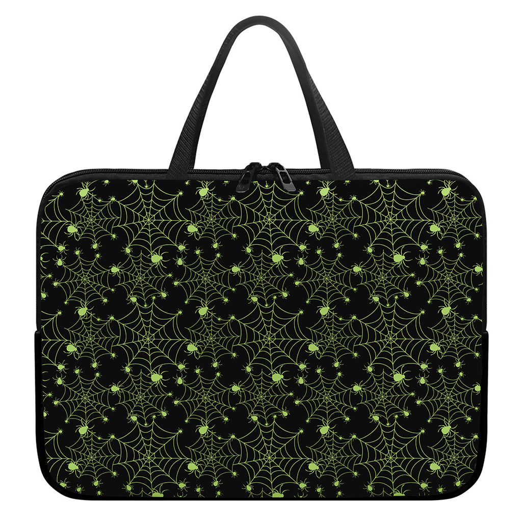 Black And Green Spider Web Pattern Print Laptop Sleeve With Handle