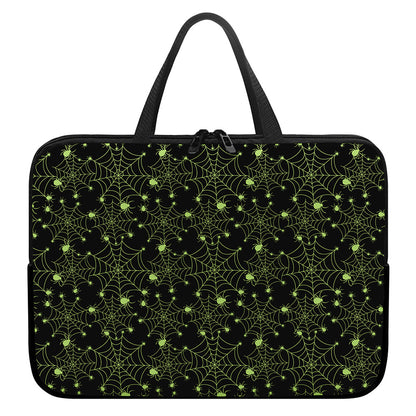 Black And Green Spider Web Pattern Print Laptop Sleeve With Handle