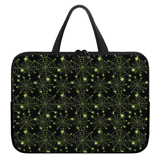Black And Green Spider Web Pattern Print Laptop Sleeve With Handle