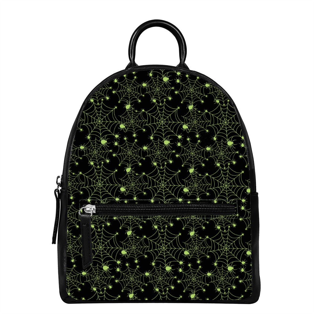 Black And Green Spider Web Pattern Print Leather Backpack