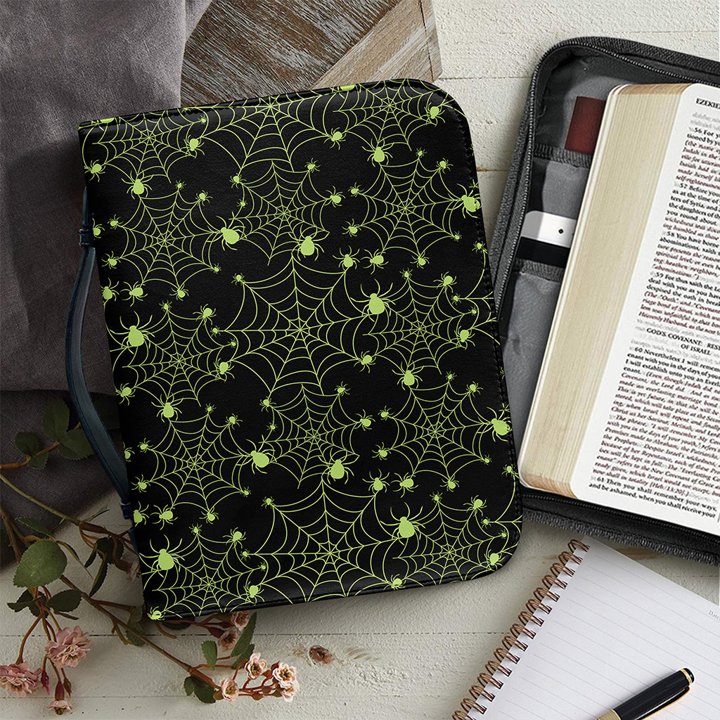 Black And Green Spider Web Pattern Print Leather Bible Cover