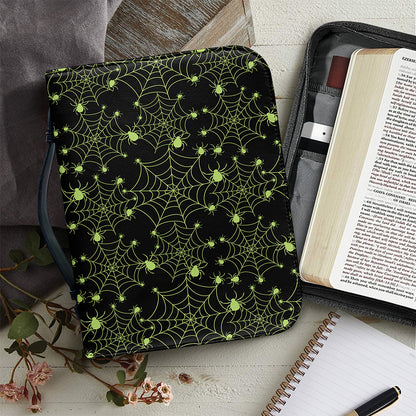 Black And Green Spider Web Pattern Print Leather Bible Cover