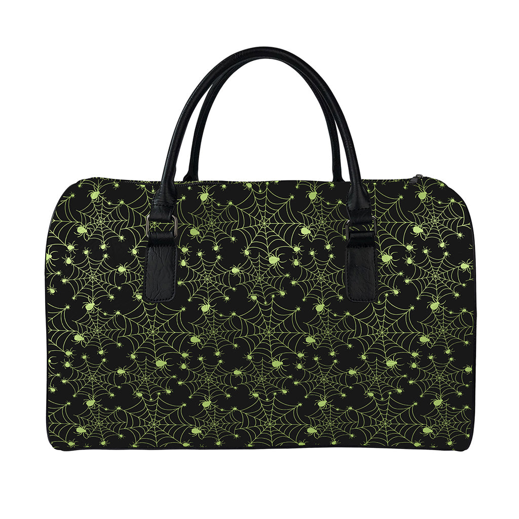 Black And Green Spider Web Pattern Print Leather Duffle Bag