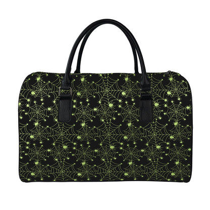Black And Green Spider Web Pattern Print Leather Duffle Bag