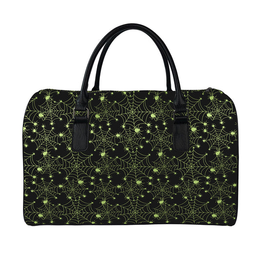 Black And Green Spider Web Pattern Print Leather Duffle Bag