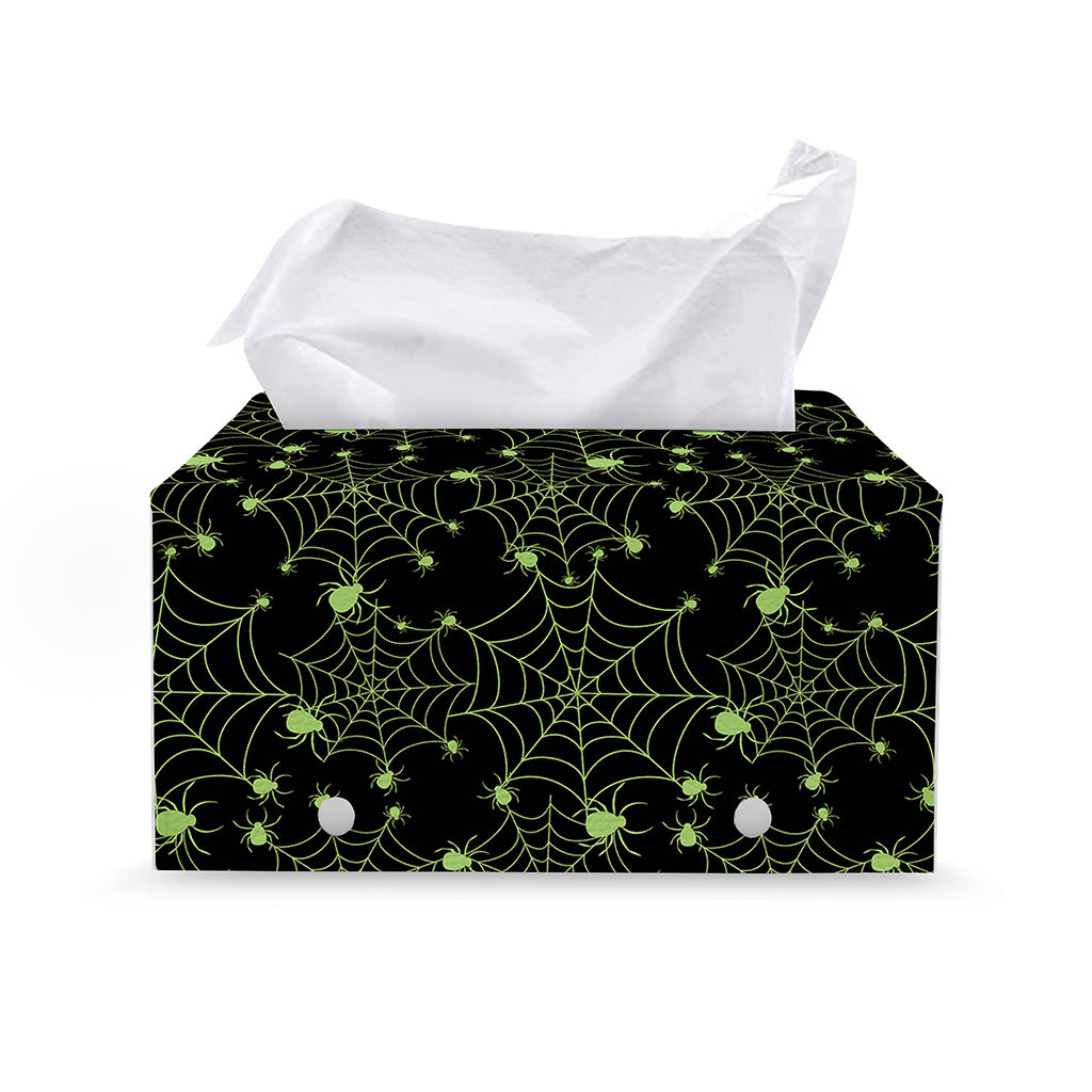 Black And Green Spider Web Pattern Print Leather Tissue Box Cover