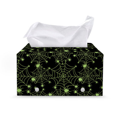 Black And Green Spider Web Pattern Print Leather Tissue Box Cover