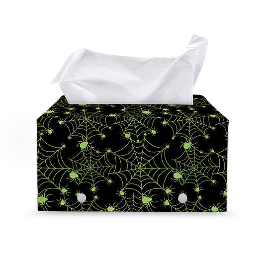 Black And Green Spider Web Pattern Print Leather Tissue Box Cover