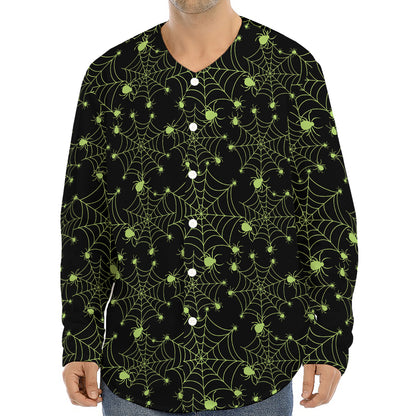 Black And Green Spider Web Pattern Print Long Sleeve Baseball Jersey