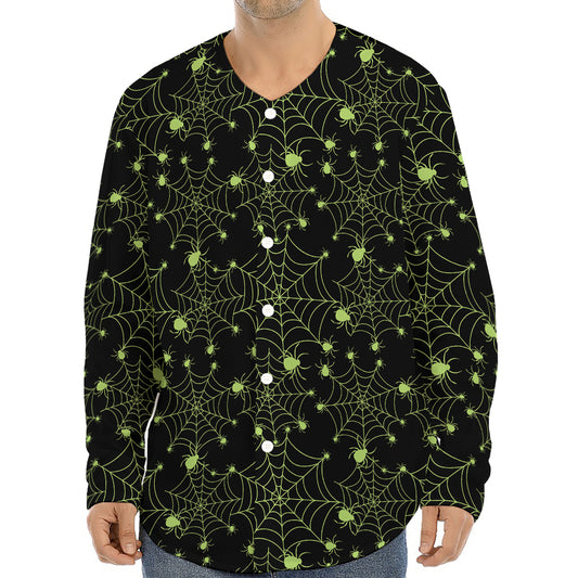Black And Green Spider Web Pattern Print Long Sleeve Baseball Jersey