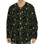 Black And Green Spider Web Pattern Print Long Sleeve Baseball Jersey