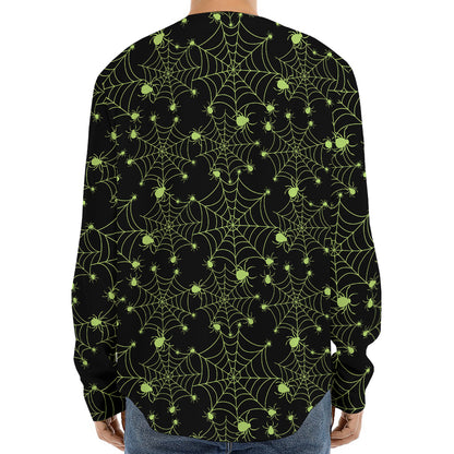 Black And Green Spider Web Pattern Print Long Sleeve Baseball Jersey