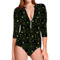 Black And Green Spider Web Pattern Print Long Sleeve Swimsuit
