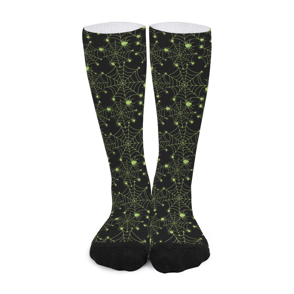 Black And Green Spider Web Pattern Print Long Socks