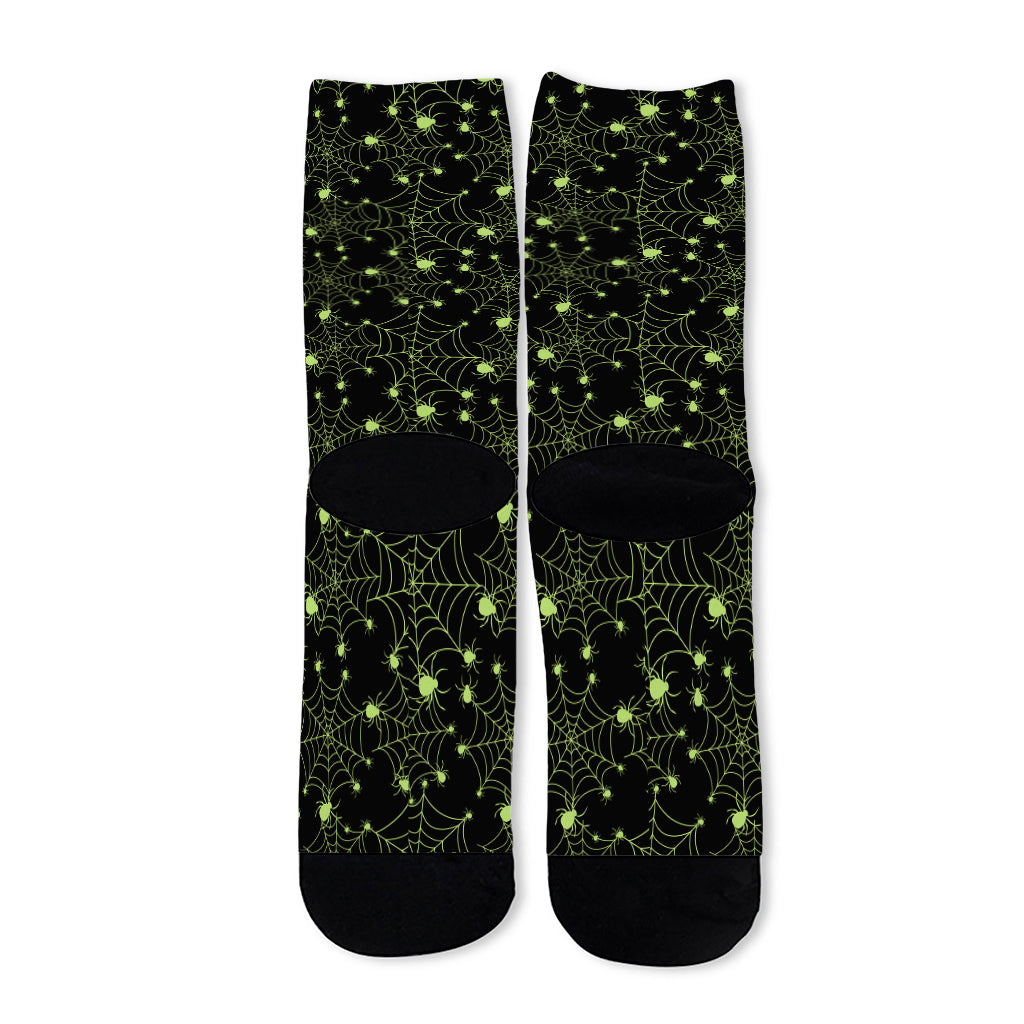 Black And Green Spider Web Pattern Print Long Socks