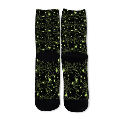 Black And Green Spider Web Pattern Print Long Socks