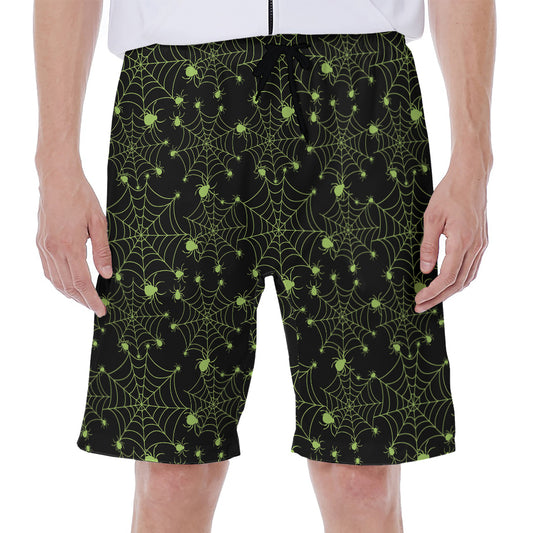 Black And Green Spider Web Pattern Print Men's Beach Shorts