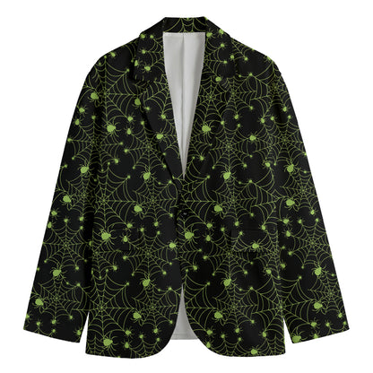 Black And Green Spider Web Pattern Print Men's Blazer