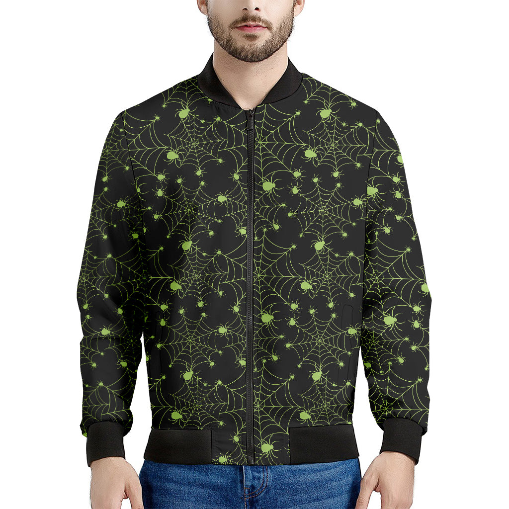 Black And Green Spider Web Pattern Print Men's Bomber Jacket
