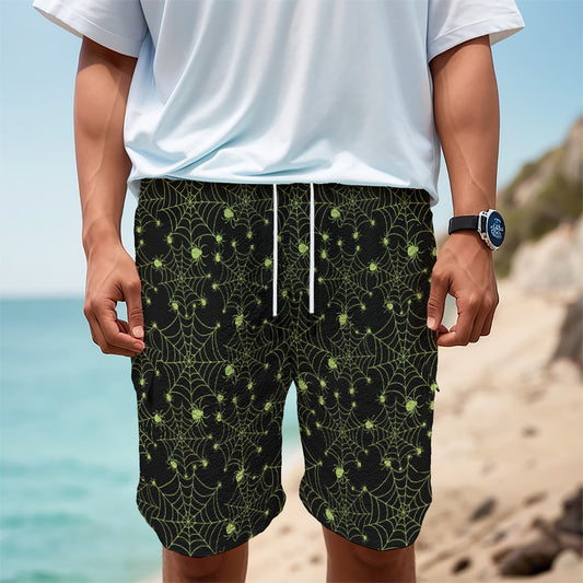 Black And Green Spider Web Pattern Print Men's Cargo Shorts