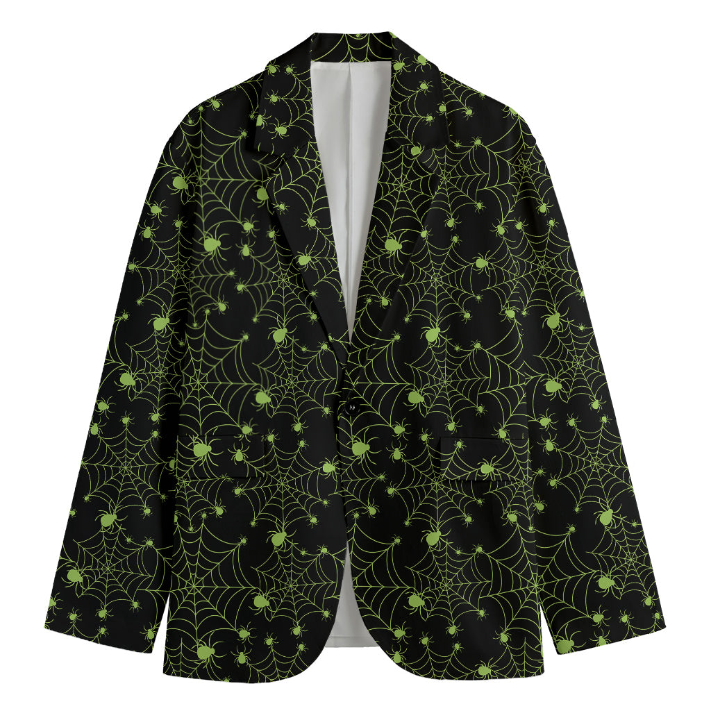 Black And Green Spider Web Pattern Print Men's Cotton Blazer