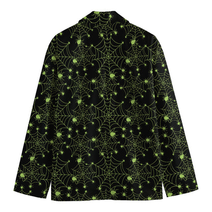 Black And Green Spider Web Pattern Print Men's Cotton Blazer