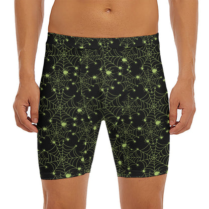 Black And Green Spider Web Pattern Print Men's Long Boxer Briefs