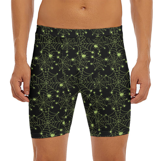 Black And Green Spider Web Pattern Print Men's Long Boxer Briefs