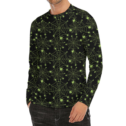 Black And Green Spider Web Pattern Print Men's Long Sleeve Rash Guard