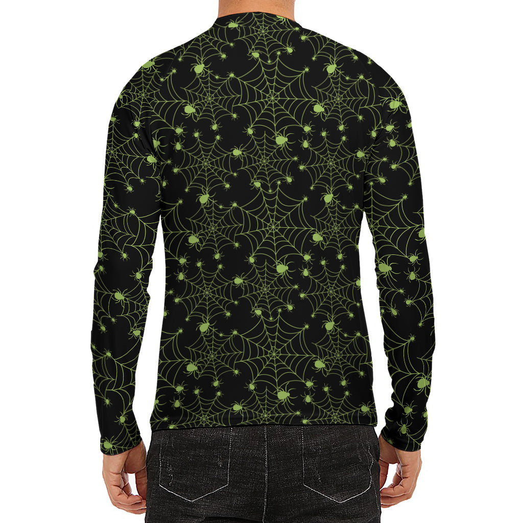 Black And Green Spider Web Pattern Print Men's Long Sleeve Rash Guard