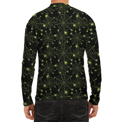 Black And Green Spider Web Pattern Print Men's Long Sleeve Rash Guard