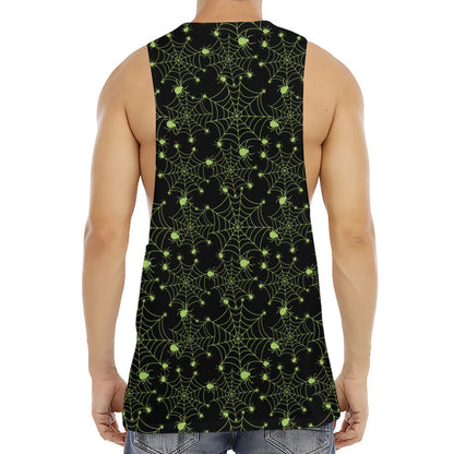 Black And Green Spider Web Pattern Print Men's Muscle Tank Top