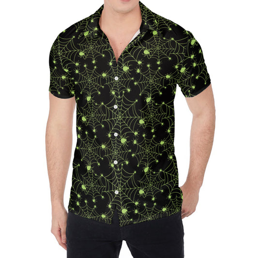 Black And Green Spider Web Pattern Print Men's Shirt