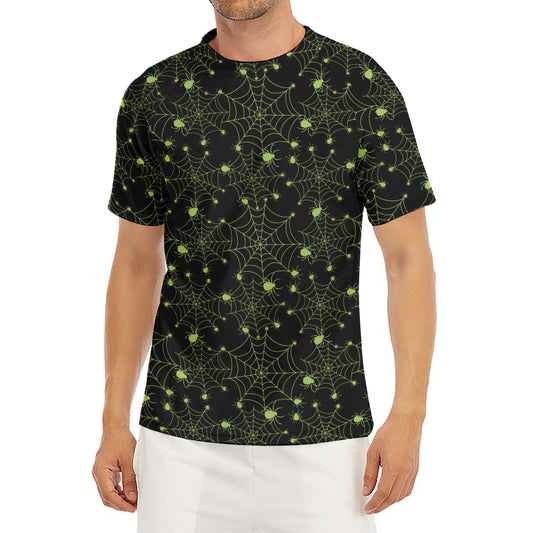 Black And Green Spider Web Pattern Print Men's Short Sleeve Rash Guard