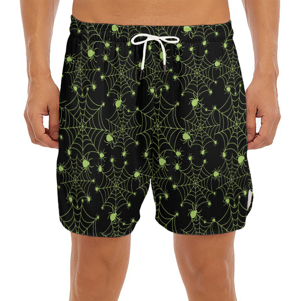 Black And Green Spider Web Pattern Print Men's Split Running Shorts