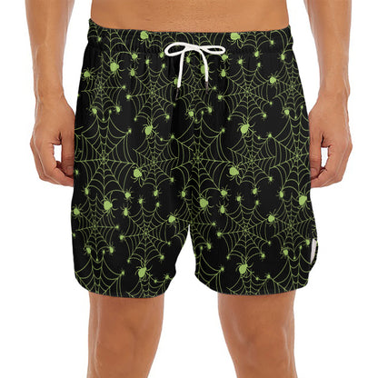 Black And Green Spider Web Pattern Print Men's Split Running Shorts