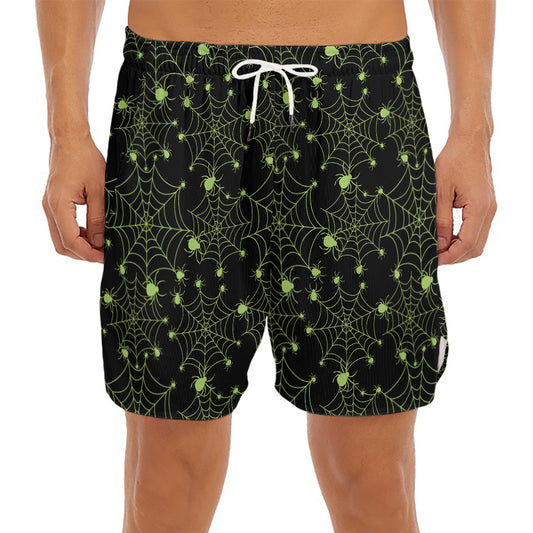 Black And Green Spider Web Pattern Print Men's Split Running Shorts