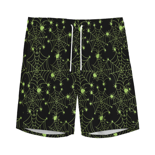 Black And Green Spider Web Pattern Print Men's Sports Shorts
