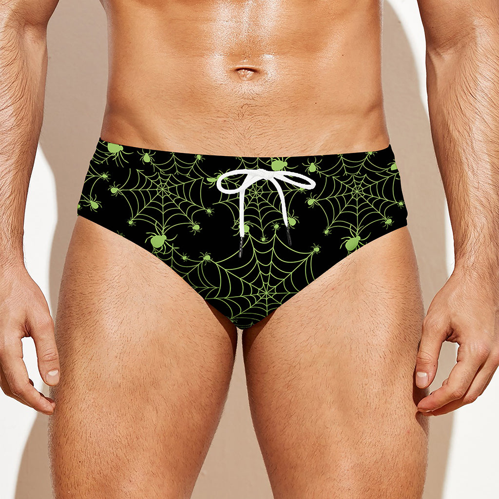 Black And Green Spider Web Pattern Print Men's Swim Briefs
