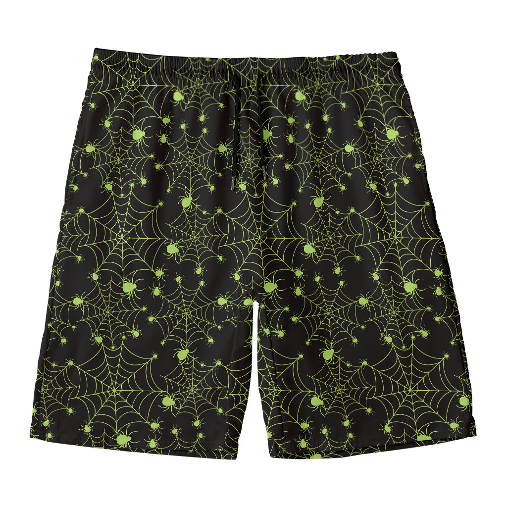 Black And Green Spider Web Pattern Print Men's Swim Trunks